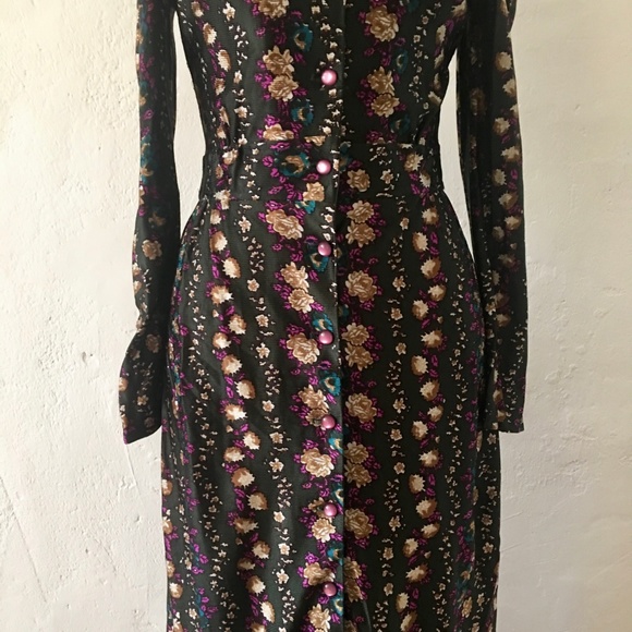 Vintage 70s Prairie Ruffle Floral Green Cottage Core Ruffle V-Neck Maxi Dress - Picture 4 of 8